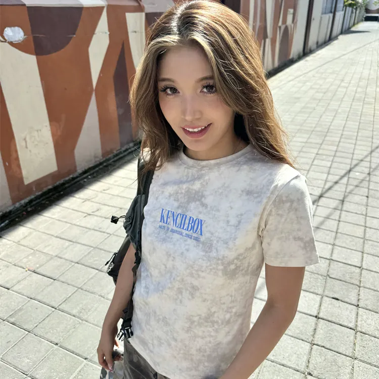 KencilBox千笔盒子扎染碳灰米白修身小短袖街头嘻哈弹力合身T恤
