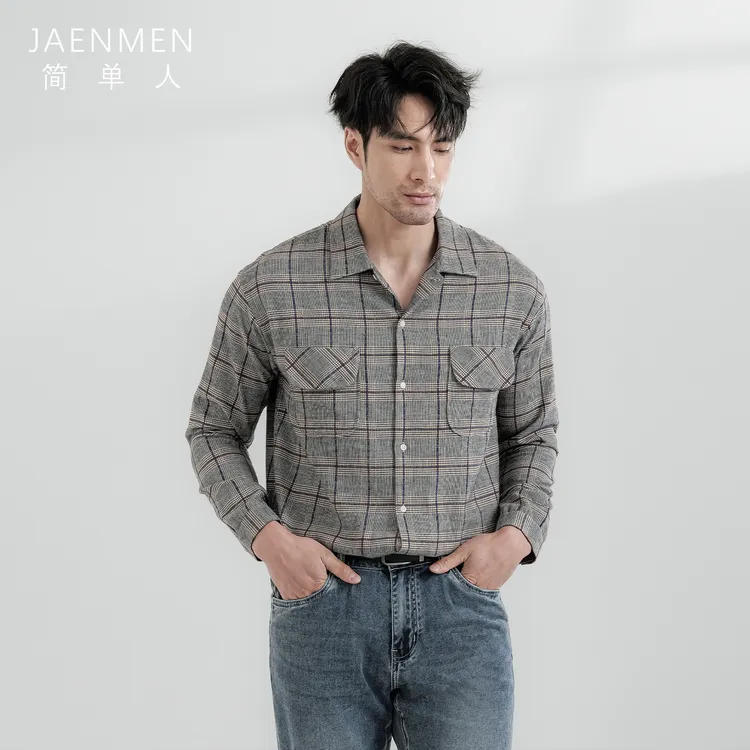 简单人【SIHAKU】【合体码正】双口袋雪尼尔蓝格灰底宽松翻领长袖衬衫