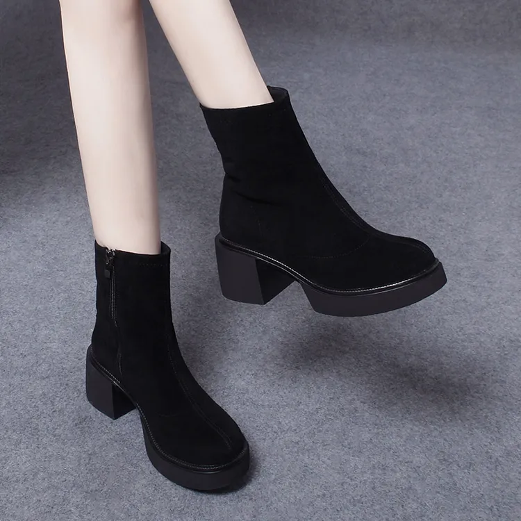 1376秋冬季2025新款羊皮厚底高跟粗跟短靴加绒真皮马丁靴女靴女鞋