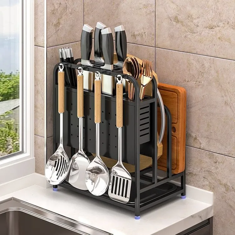 304不锈钢厨房刀架置物架台面板一体收架收纳多功能方形黑色加厚