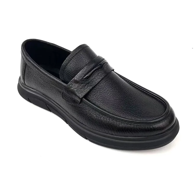  2025时尚头层牛皮百搭套脚软底软面休闲透气舒适黑色男士皮鞋单