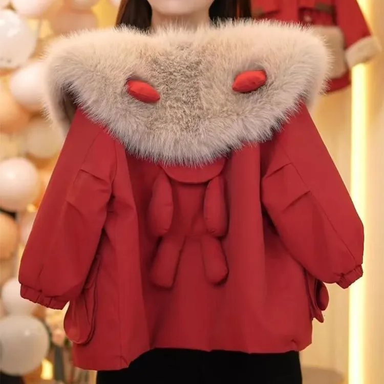 女童2024新款加厚棉服外套冬装棉服大儿童加厚红色潮舒适冬装外套
