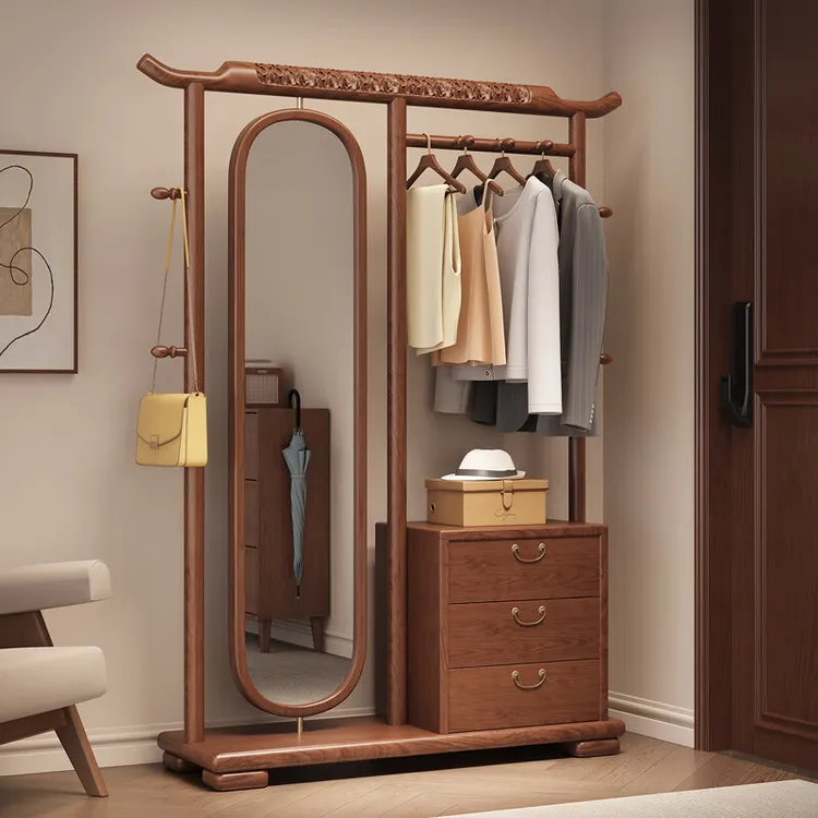新中式实木挂衣架落地卧室家用带旋转镜子一体客厅全身镜置物架