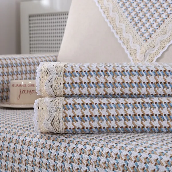 千鸟格厚款通用防滑棉麻沙发垫靠背盖巾双面防静电沙发毯亚麻简约