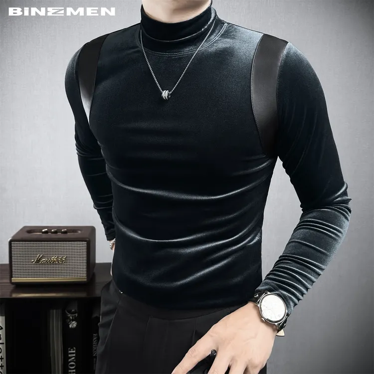 丝绒半高领拼接内搭打底衫男秋冬设计款修身长袖男士加绒打底衬衫