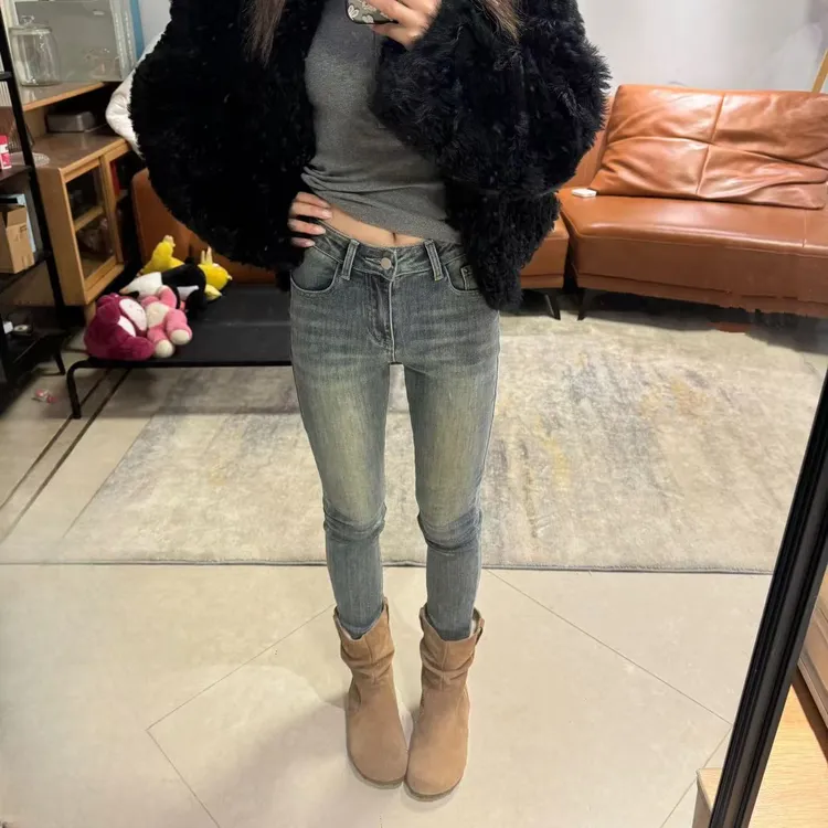 加绒款复古深色中腰紧身弹力毛边九分牛仔裤小脚裤女款