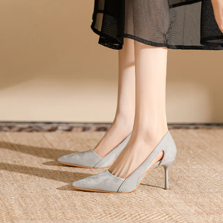 气质高跟鞋法式细跟尖头单鞋2024年新款夏季镂空绝美裸色宴會女鞋