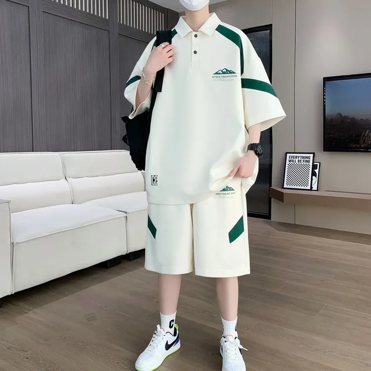 夏季POLO衫两件套潮男时尚休闲套装青年韩版帅气宽松短袖五分裤薄