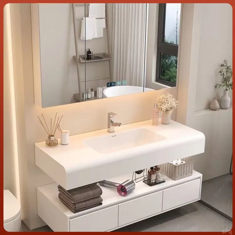 肤感奶油风一体盆浴室柜组合家用小户型分体式浴室柜洗脸盆柜组合