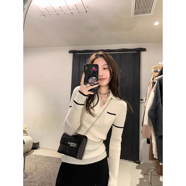 白色polo领针织打底衫女秋季长袖上衣复古撞色小香风内搭修身毛衣