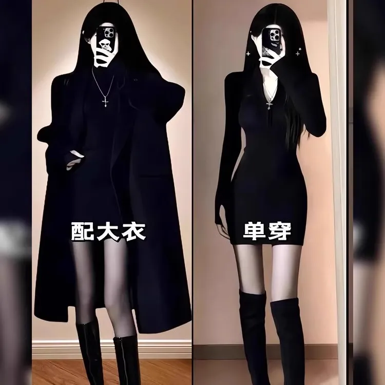 韩系新款御姐风黑色针织连衣裙子女2025早秋季辣妹修身显瘦短裙