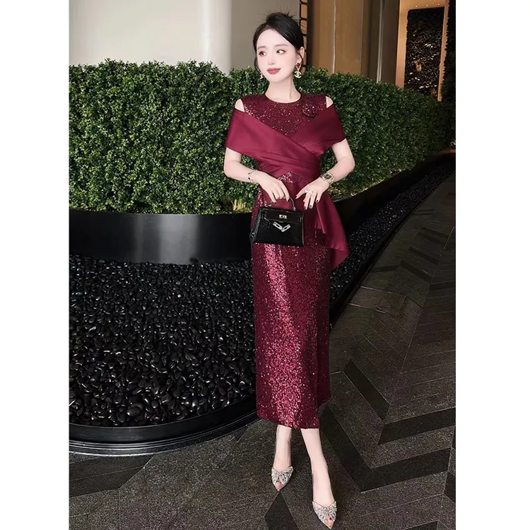 喜妈妈喜婆婆服装高贵轻奢结婚宴会婚礼新娘长款年轻礼服裙连衣裙
