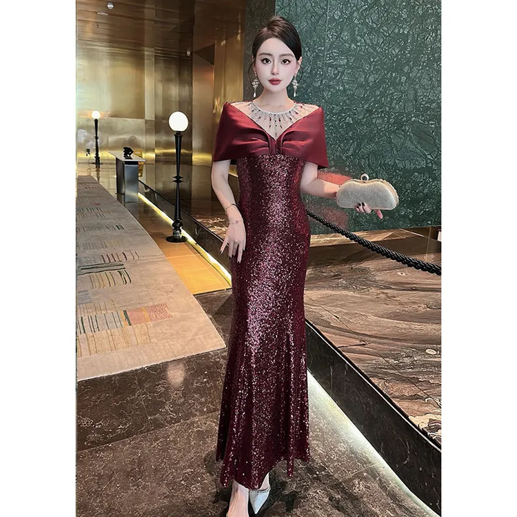 高贵订钻奢华喜婆婆喜妈妈婚礼宴会修身鱼尾长裙礼服服装连衣裙女
