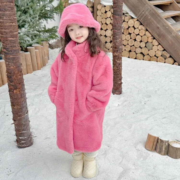 女童仿皮草长款韩版貂绒大衣儿童皮毛一体毛毛外套2025冬装棉服