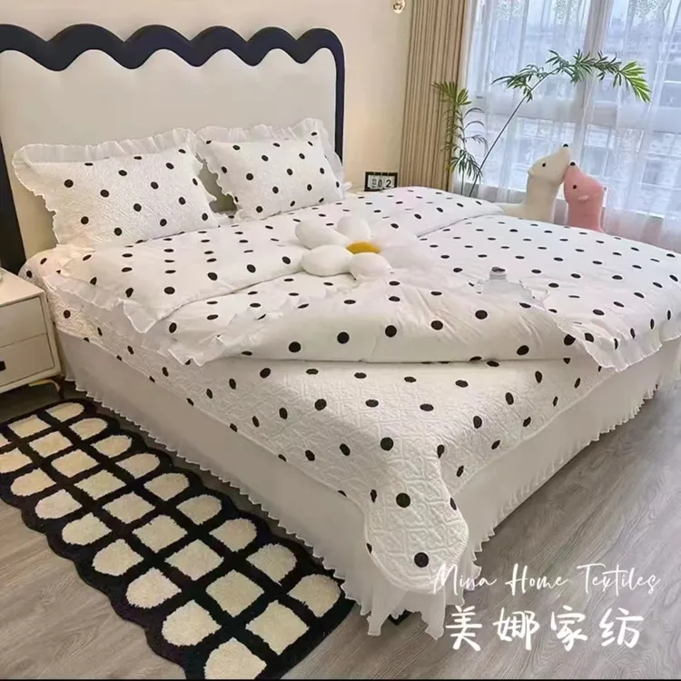 纯棉四季可用小清新绗缝夹棉加厚花边床盖三件套四件套全棉亲肤