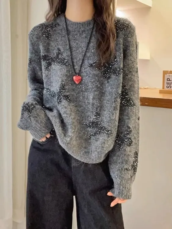 复古减龄重工亮片绵羊毛毛衣秋冬高端气质显瘦舒适百搭上衣女A978