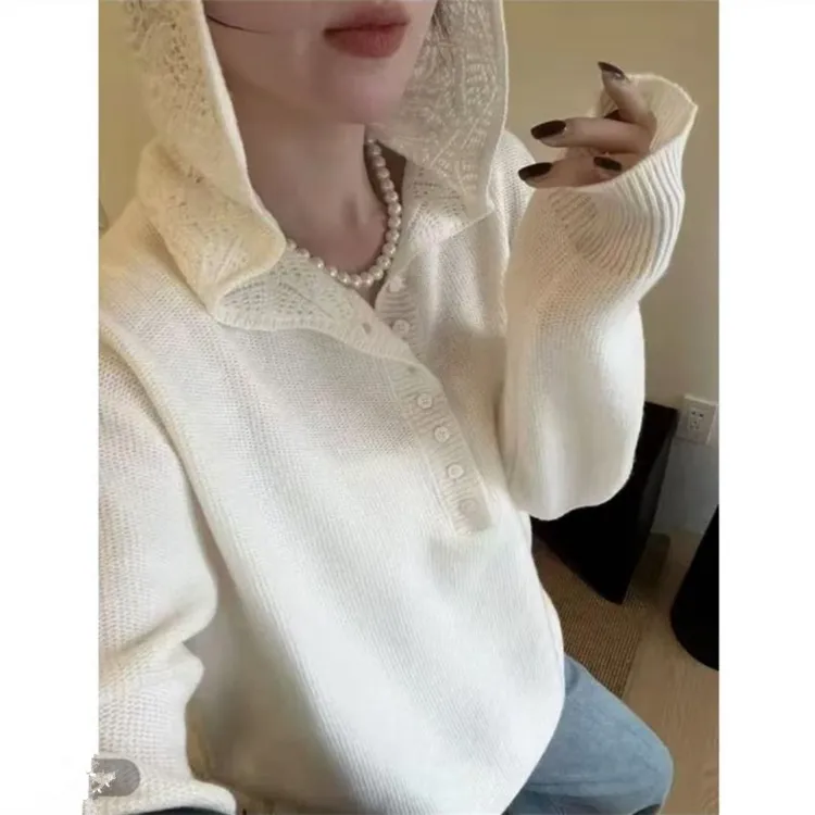 【运费补贴】韩版慵懒风蕾丝拼接连帽绵羊毛针织衫女时尚百搭毛衣