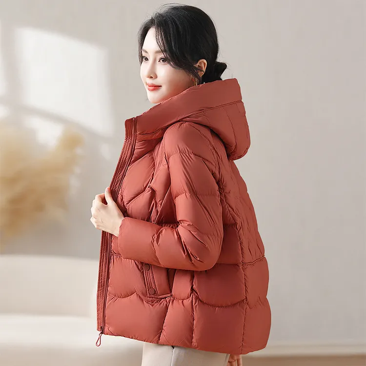 保暖连帽微胖不臃肿冬季百搭白鸭绒短款女士极简风短款羽绒服女