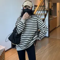 小个子定制145-160秋季奶茶条纹圆领套头宽松百搭休闲卫衣