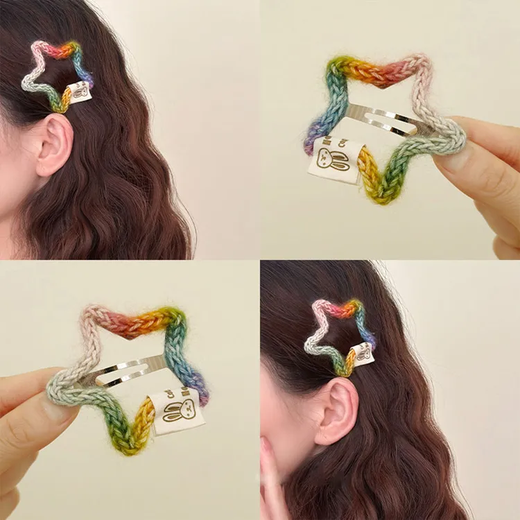 韩系彩色毛线五角星星发夹甜美多巴胺少女BB夹可爱碎发侧边刘海夹