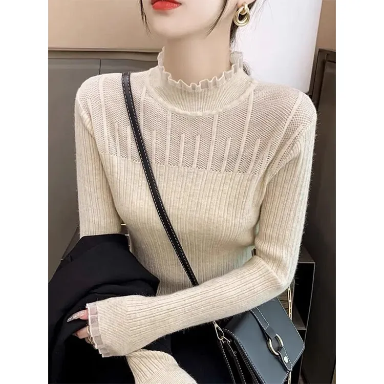半高领蕾丝内搭女2025春秋黑色修身显廋针织打底衫长袖镂空上衣