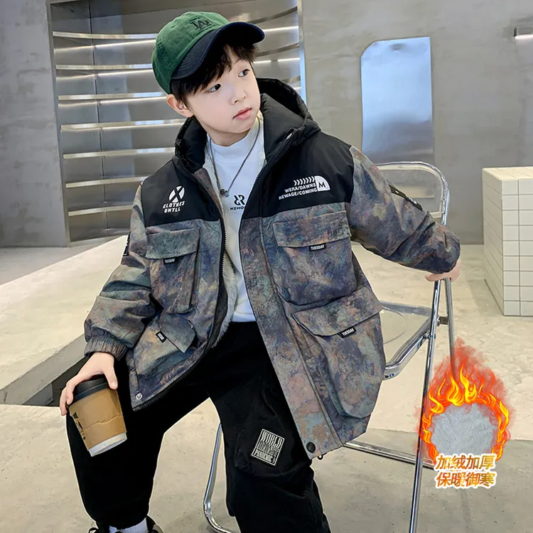男童加绒加厚外套2024新款冬季棉服儿童冬装男孩棉衣多口袋派克服