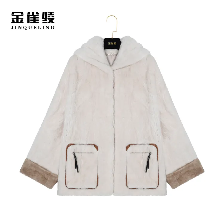 金雀绫【安妮公主】冬款水貂皮草设计师款宽松时尚连帽外套K0198
