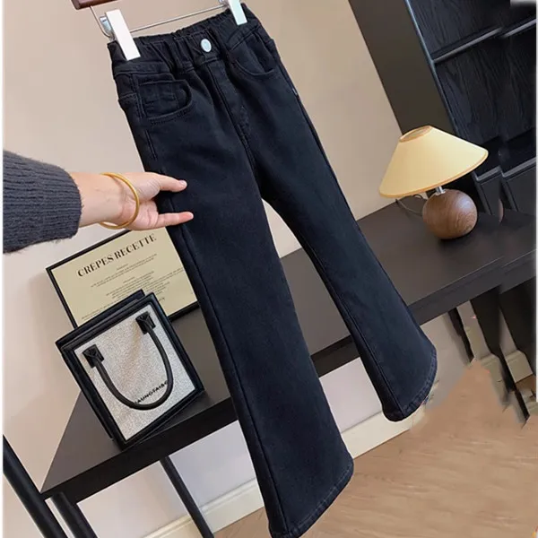 2025春装新女中大童百搭高腰款黑色一体绒加绒牛仔喇叭裤外穿长裤