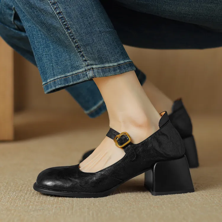 复古真皮浅口高跟鞋方头玛丽珍鞋软皮一字扣带粗跟单鞋通勤女鞋