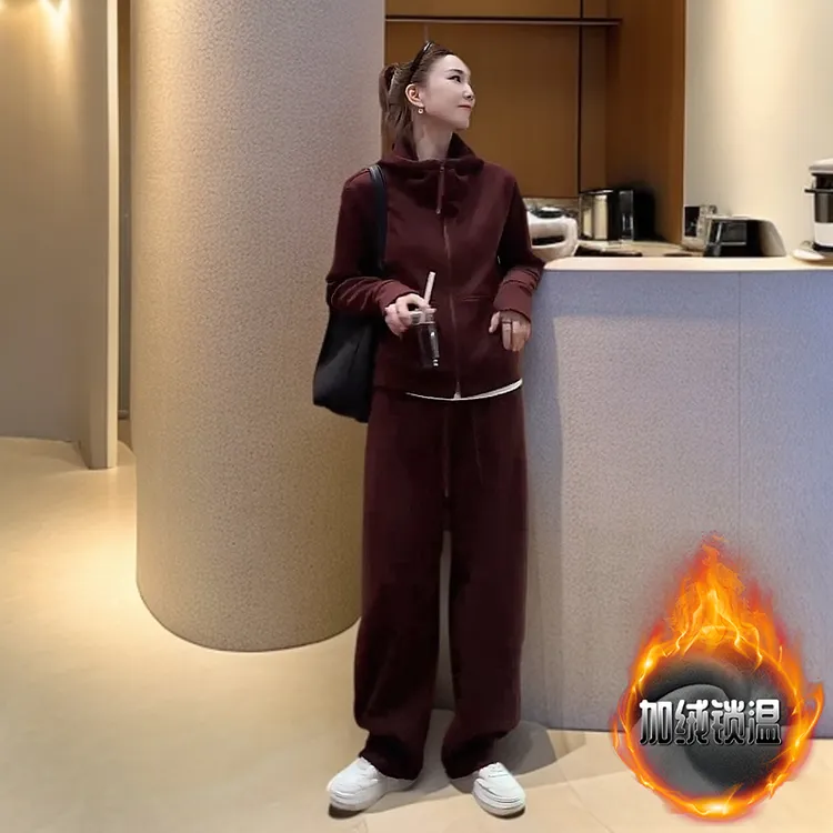 洋气减龄休闲套装女2025冬新款加绒加厚显瘦连帽卫衣阔腿裤两件套