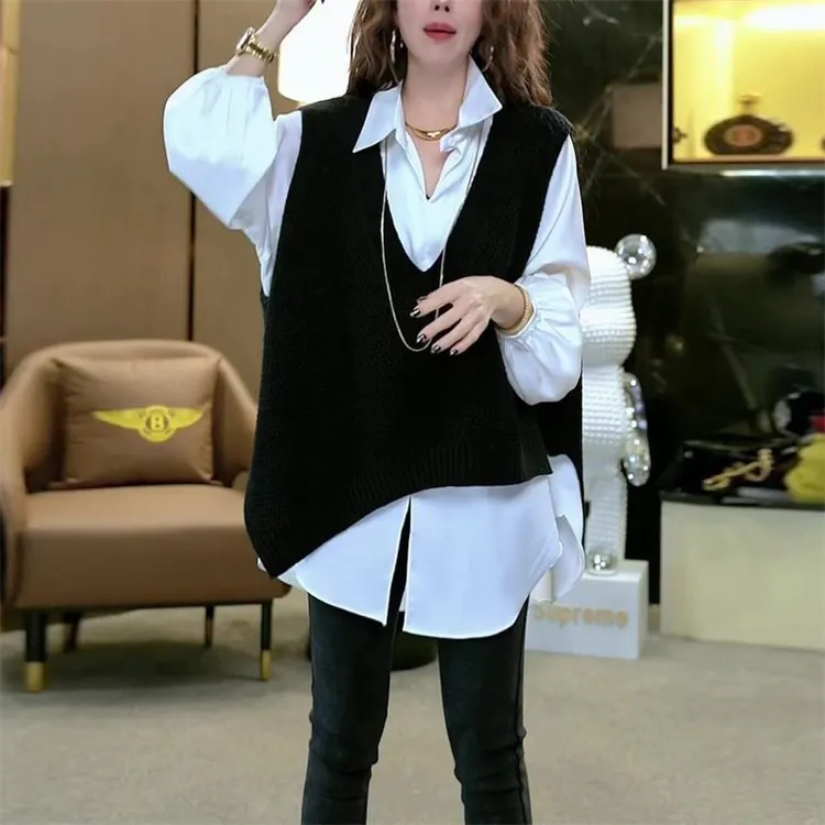 春季长袖女装时尚套装新款高级感洋气宽松衬衫显瘦流行马甲两件套