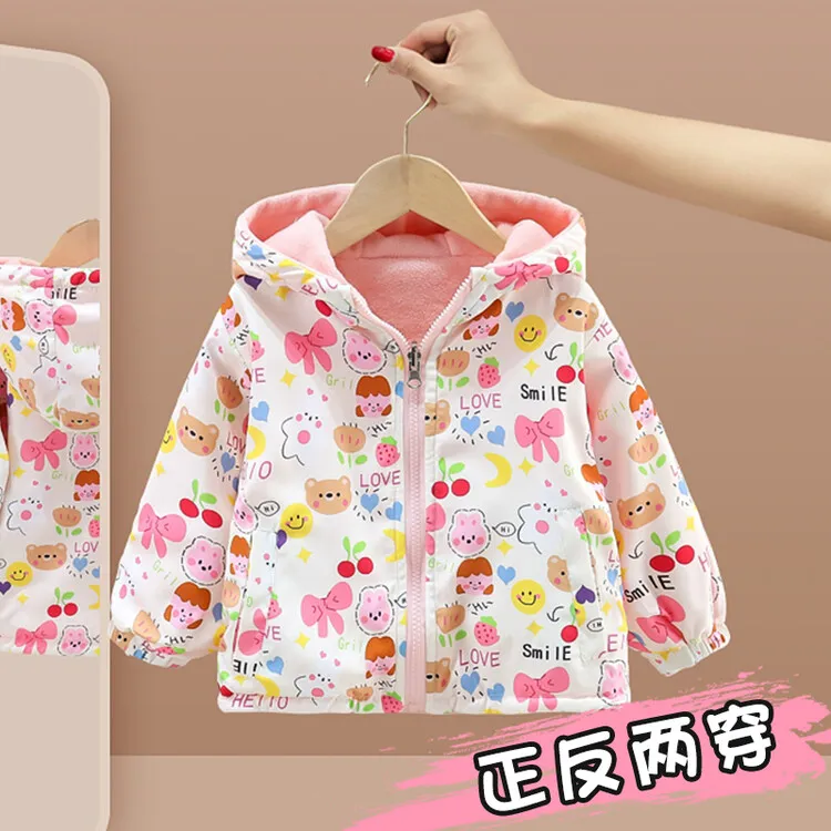 女童双面穿中小童儿童洋气宝宝加绒印花春秋冬季外套小女孩子保暖