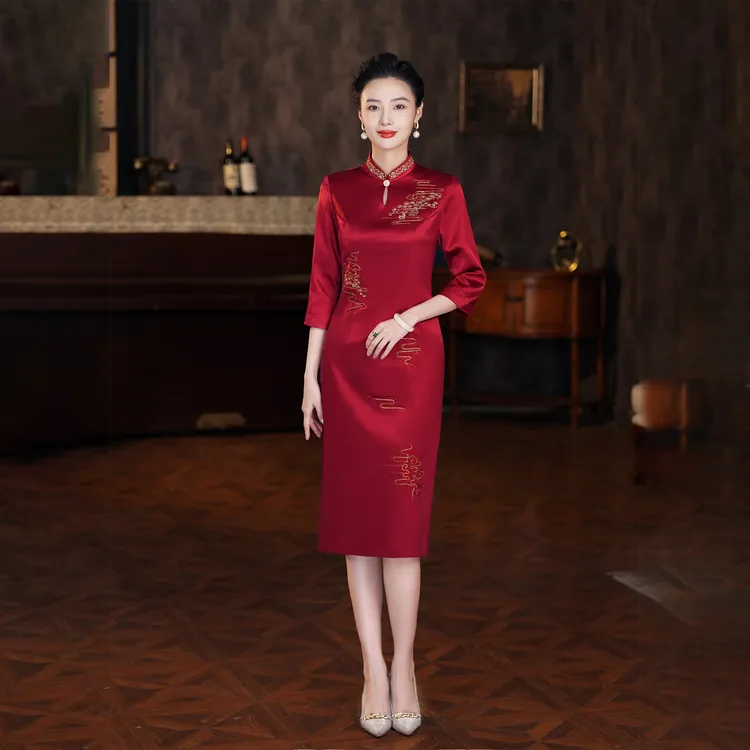 春夏新中式喜妈妈旗袍改良中国风大码喜婆婆婚礼新中式旗袍红色