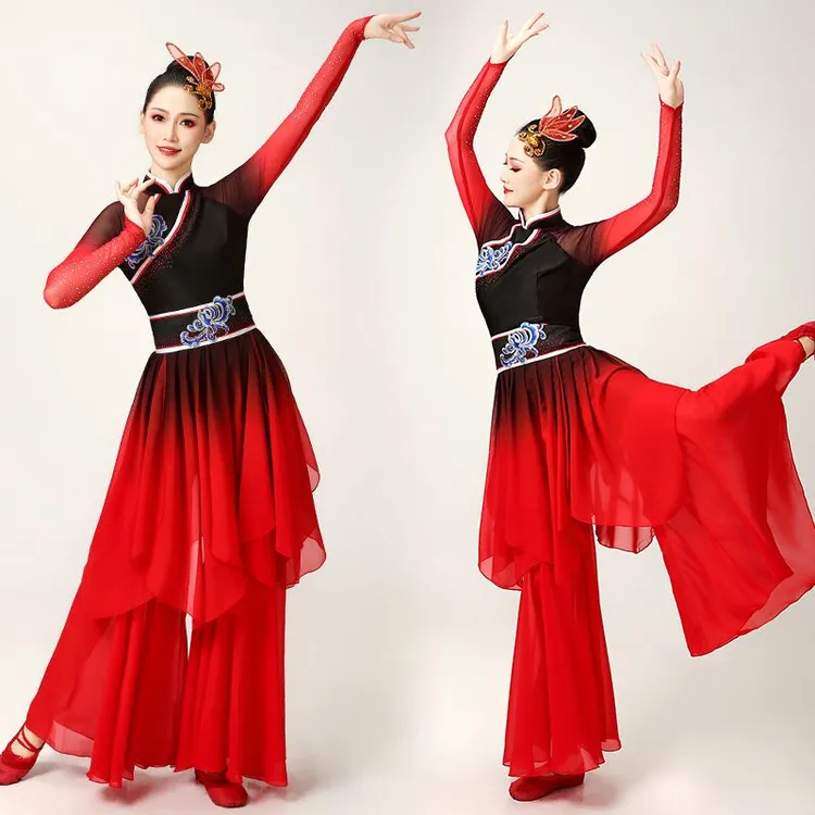 古典舞演出服女飘逸中国风现代舞练功服民族风舞蹈扇子表演服套装