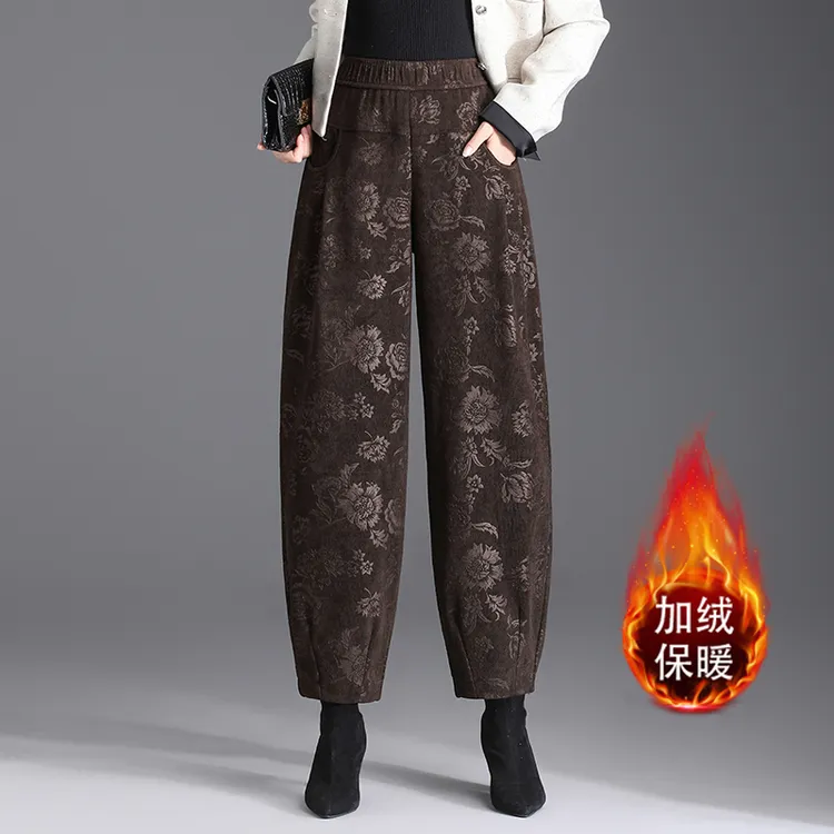 气质加绒花苞裤女秋冬2025新款松紧腰宽松九分复古印花休闲灯笼裤