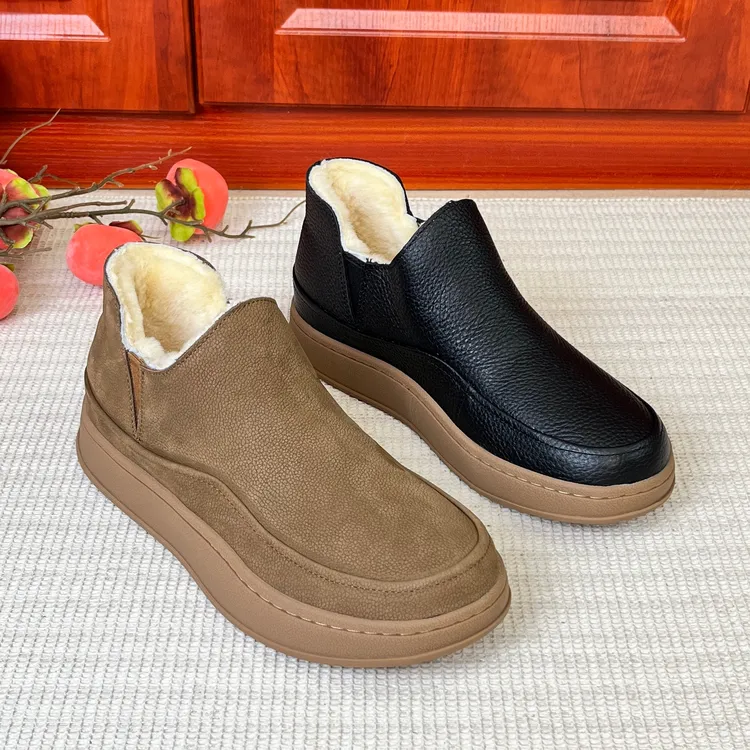 男士羊皮毛一体保暖加厚大棉靴真皮一脚蹬羊毛短靴防滑软底羊毛鞋
