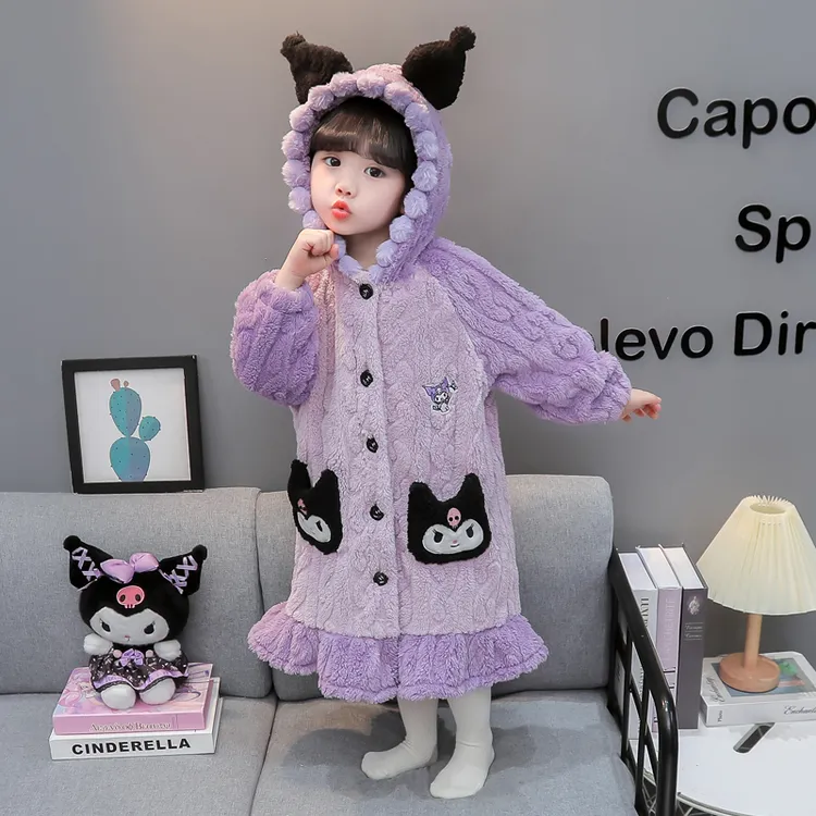 女童秋冬季睡袍儿童法兰绒睡衣库洛米长款家居服女孩宝宝保暖浴袍