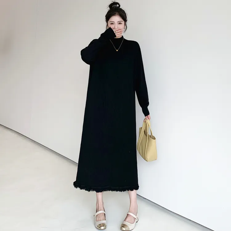2025秋冬上新流苏中领针织大码套头小黑裙大码连衣裙女黑色连衣裙