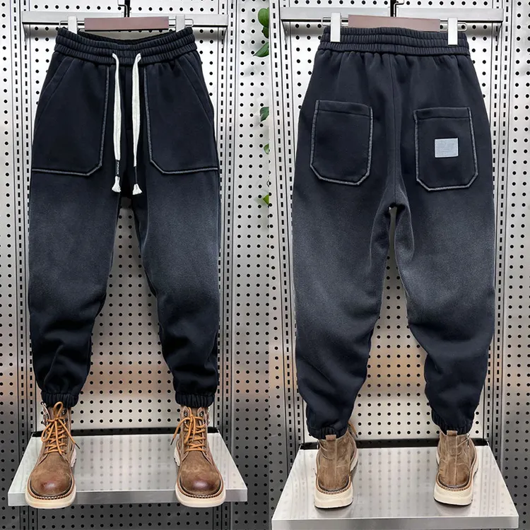 秋冬新款百搭休闲裤男加绒加厚潮牌渐变色束脚哈伦裤青年运动卫裤