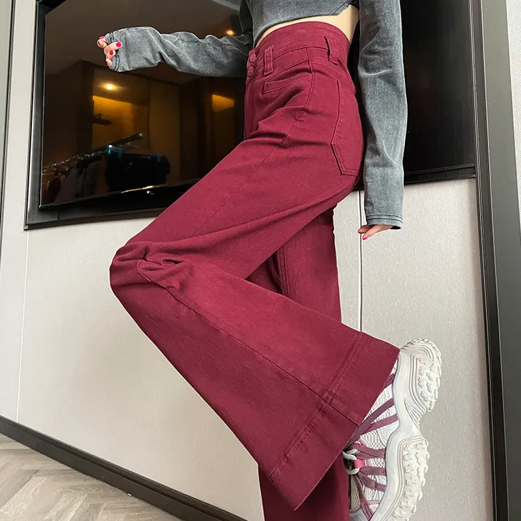 蜜蜜穿搭安可拉红弹力阔腿微喇牛仔裤女2025秋季小个子拖地喇叭裤