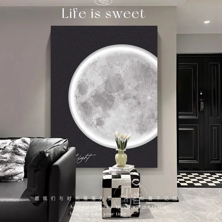 玄关画黑白月球砂岩装饰画客厅时尚沙发艺术背景墙挂画创意画商品图