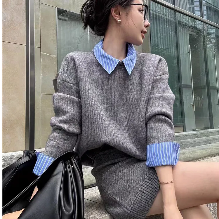 假两件拼接衬衫领毛衣包臀短裙两件套女24秋冬新款学院风针织套装