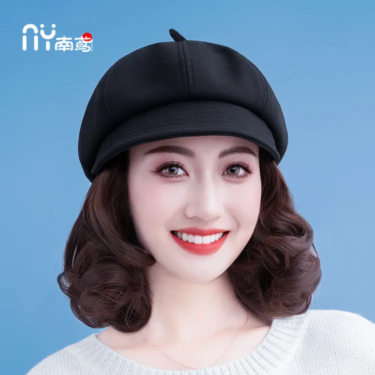 帽子假发一体女时尚2025新款短卷发贝雷帽秋冬中年妈妈帽子可拆卸