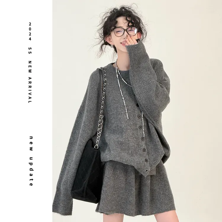 现货【颖子定制】雪域精灵~秋冬圆领开衫毛衣松紧腰针织半身裙 6498