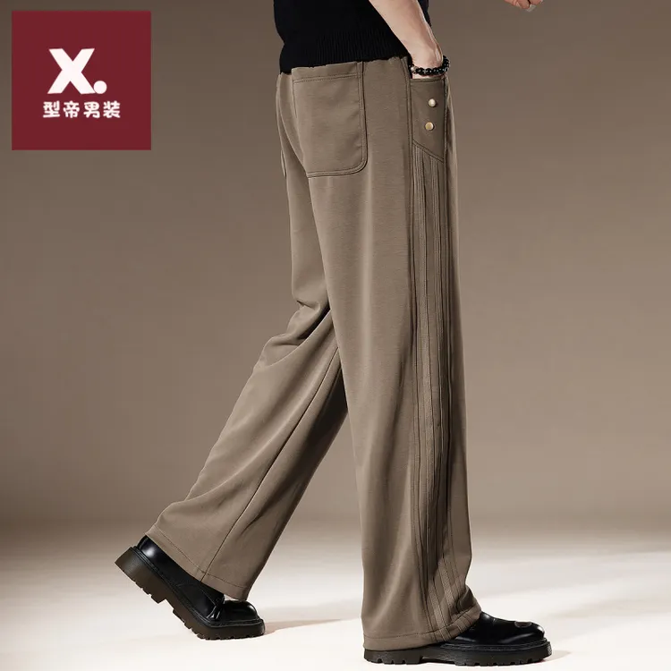 高端美式复古潮牌裤子男秋冬加绒侧条纹宽松运动直筒阔腿休闲裤男