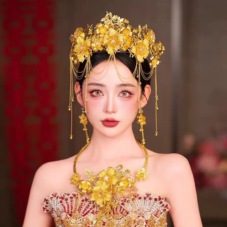 金色复古新娘凤冠中式秀禾发饰项圈头饰礼服配饰