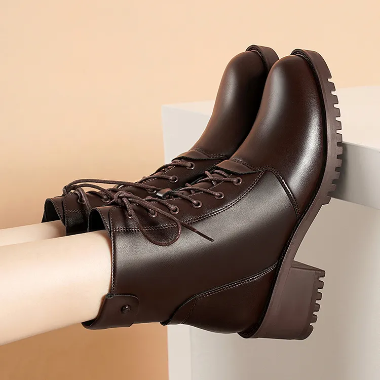 头层牛皮马丁靴女2025年新款冬季加绒短靴高跟防滑女靴春秋单靴女