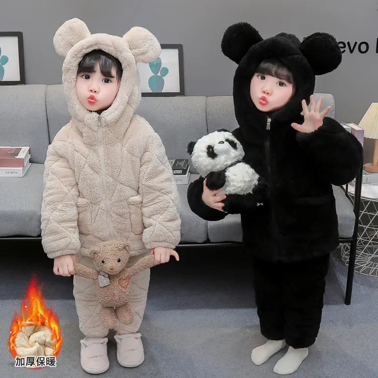 女童睡衣法兰绒冬季款连帽加绒套装儿童珊瑚绒三层保暖拉链家居服