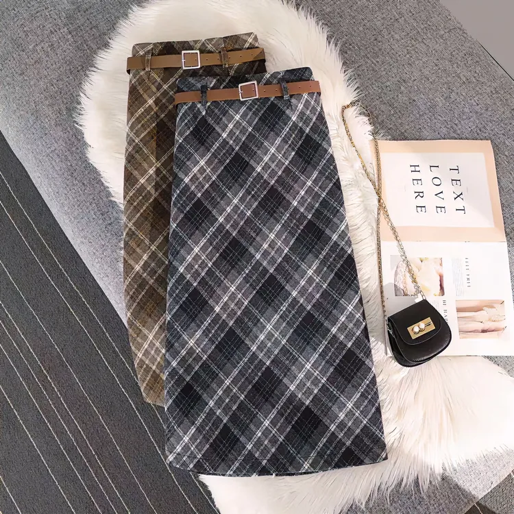 【国标裙长】时尚复古格子毛呢半身裙女2025秋冬显瘦百搭高腰长裙