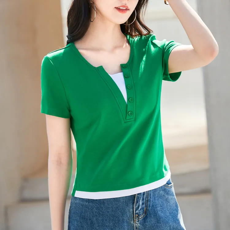 假两件时尚短袖t恤女装夏季2024新款修身半袖体恤小个子短款上衣